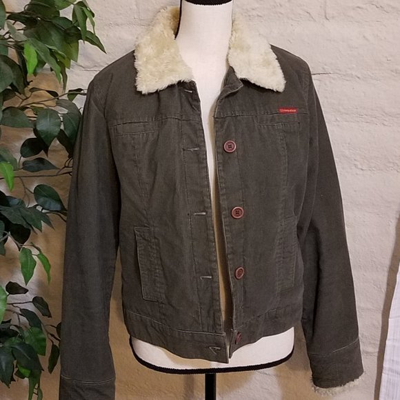 Vintage Roxy Corduroy Coat Juniors Medium Jacket Cotton Fur Green Button Down - Picture 3 of 7